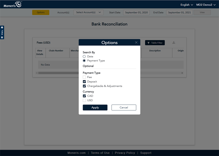 The report's Options popup has options to change the search criteria to search by date or payment type, as well as to toggle different currencies on or off.